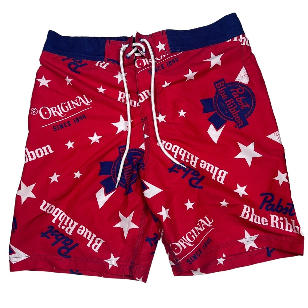 Pabst Blue Ribbon Men Medium Red, White, Blue Tie Front Polyester Shorts
